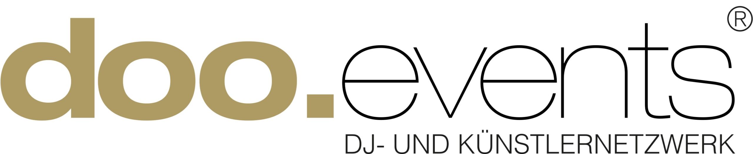 Logo für doo.events mit dem Untertitel „DJ- und Künstlernetzwerk“ in schwarz-goldener Schrift.